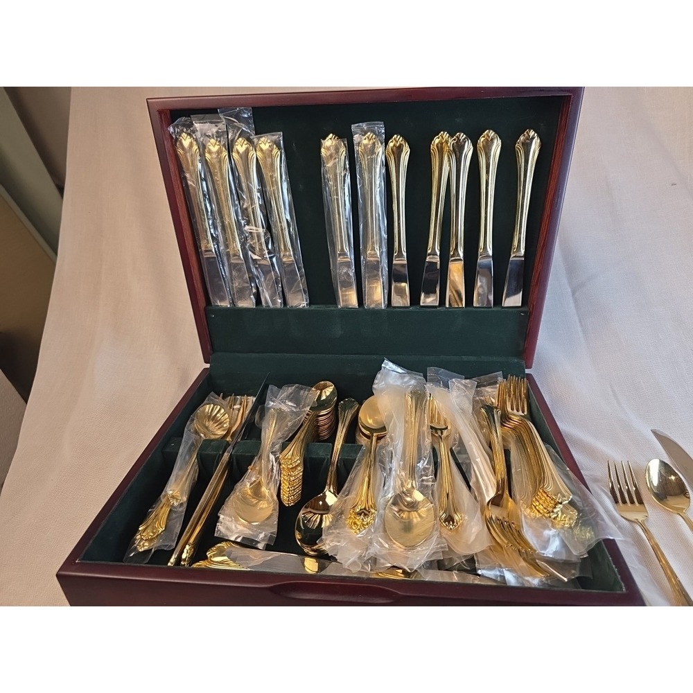 Gold Finish Stainless Steel Flatware Set with Display Box Multiple Sets 80 Piece